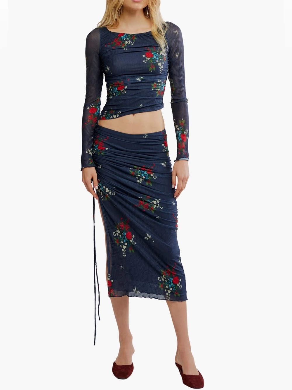Free People Crimson Lights Set Navy Floral Mesh Top Midi Skirt M NWT
